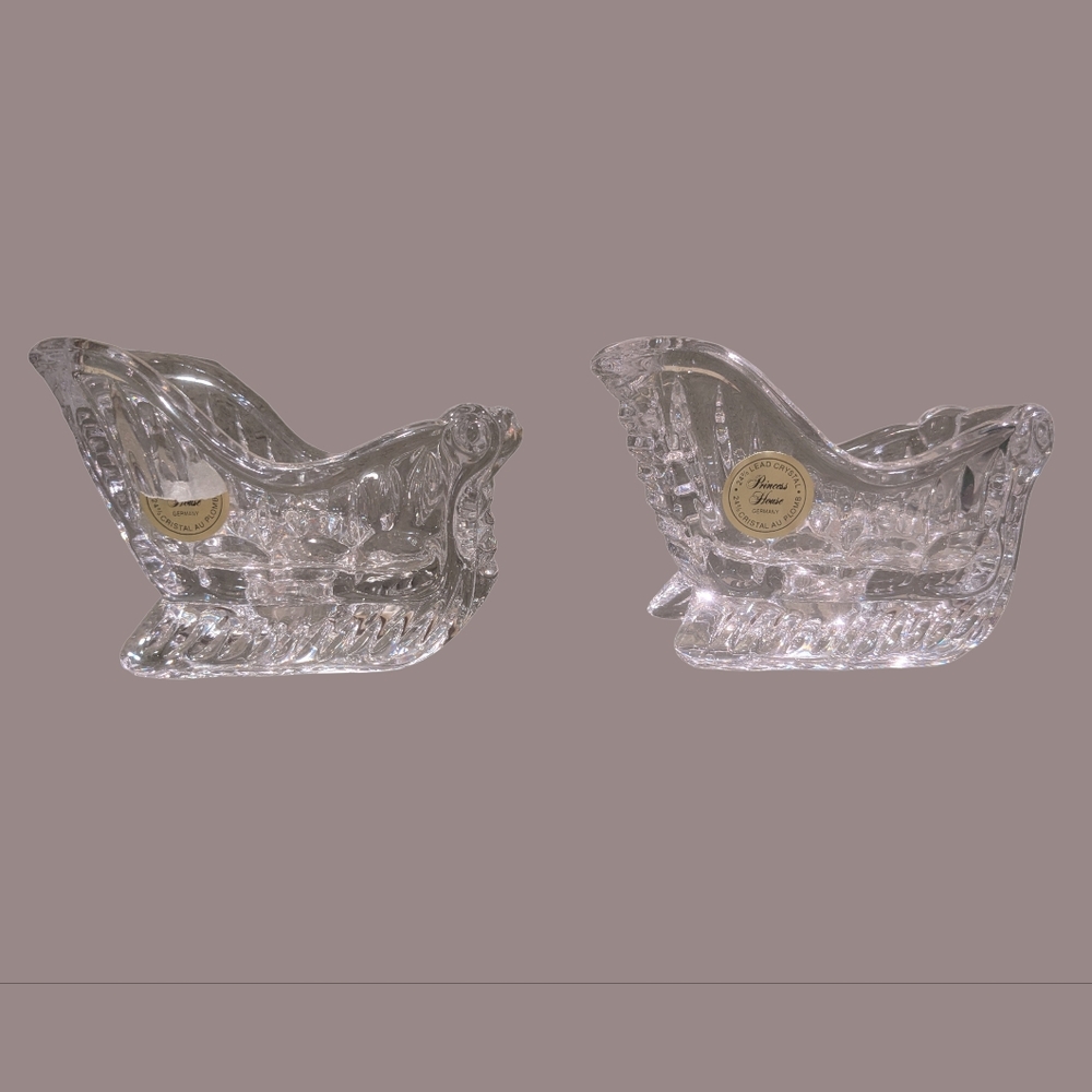 Pair Princess House Crystal Candle Holders Christmas Sleigh Taper